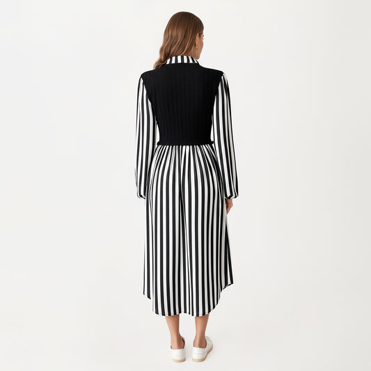 Long Sleeve Striped Button-Front Midi Dress with Knit Vest Overlay and Collared Neckline