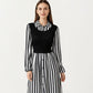 Long Sleeve Striped Button-Front Midi Dress with Knit Vest Overlay and Collared Neckline