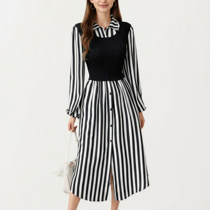 Long Sleeve Striped Button-Front Midi Dress with Knit Vest Overlay and Collared Neckline