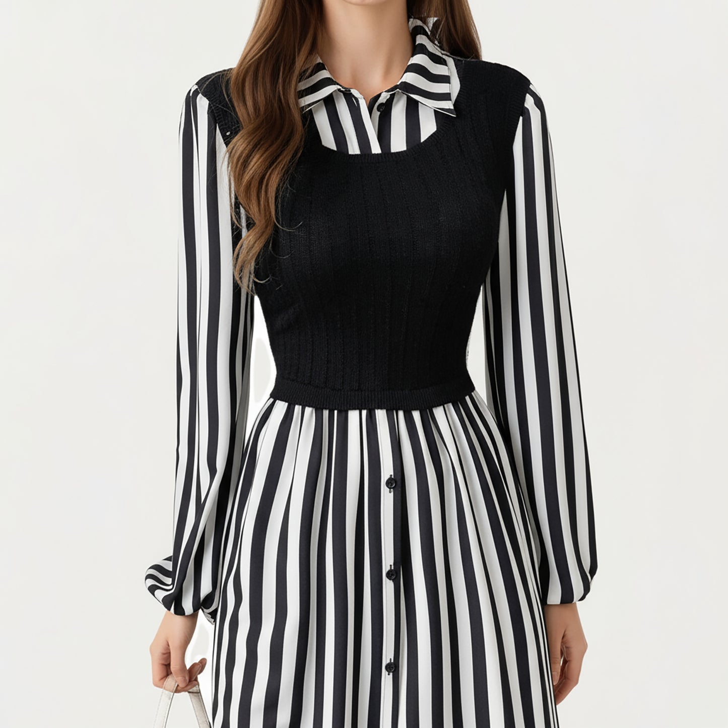 Long Sleeve Striped Button-Front Midi Dress with Knit Vest Overlay and Collared Neckline