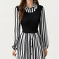 Long Sleeve Striped Button-Front Midi Dress with Knit Vest Overlay and Collared Neckline