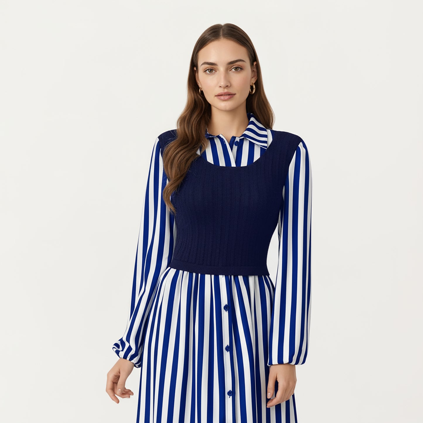 Long Sleeve Striped Button-Front Midi Dress with Knit Vest Overlay and Collared Neckline
