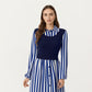 Long Sleeve Striped Button-Front Midi Dress with Knit Vest Overlay and Collared Neckline