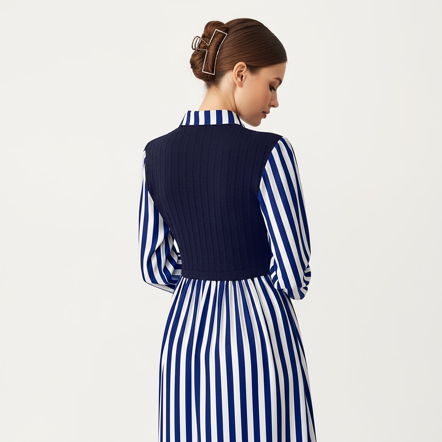 Long Sleeve Striped Button-Front Midi Dress with Knit Vest Overlay and Collared Neckline