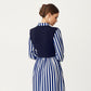 Long Sleeve Striped Button-Front Midi Dress with Knit Vest Overlay and Collared Neckline