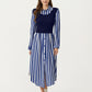 Long Sleeve Striped Button-Front Midi Dress with Knit Vest Overlay and Collared Neckline
