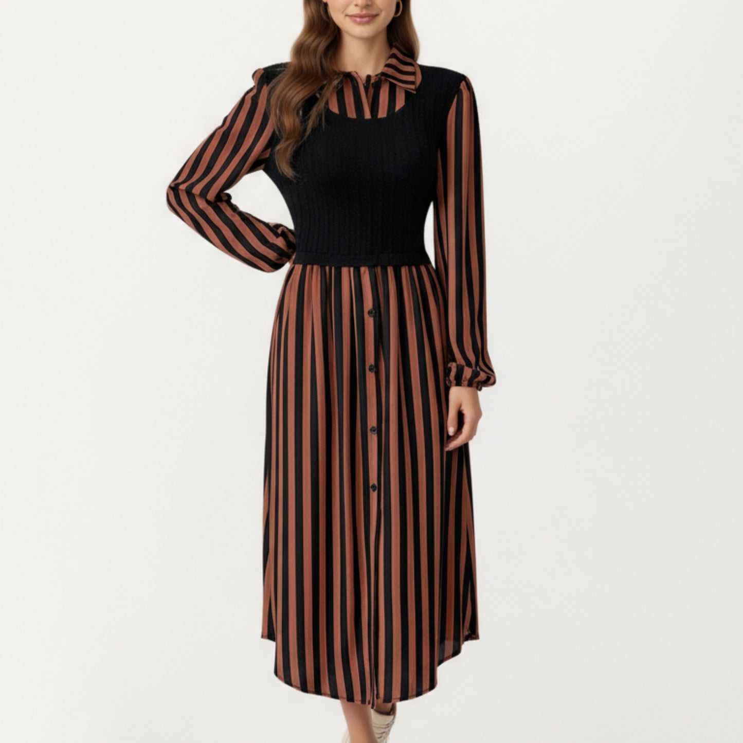 Long Sleeve Striped Button-Front Midi Dress with Knit Vest Overlay and Collared Neckline