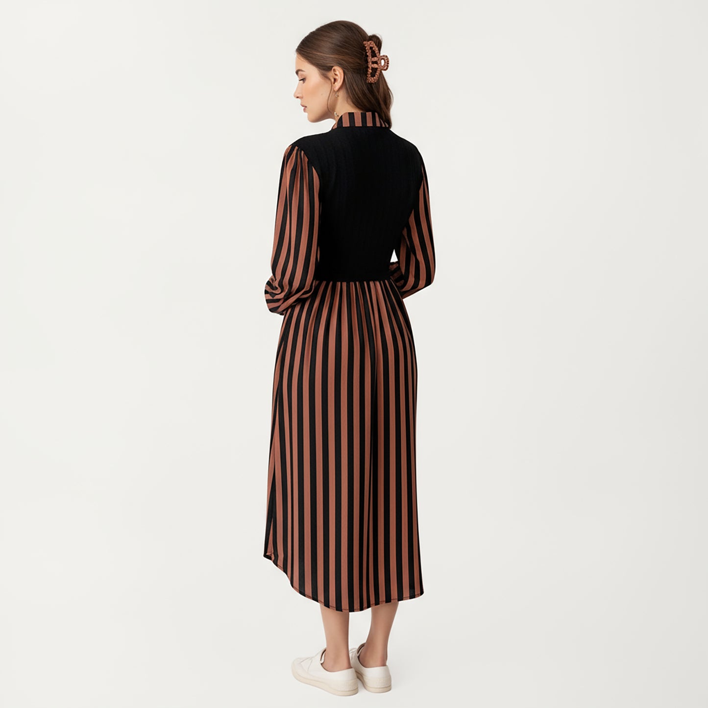 Long Sleeve Striped Button-Front Midi Dress with Knit Vest Overlay and Collared Neckline