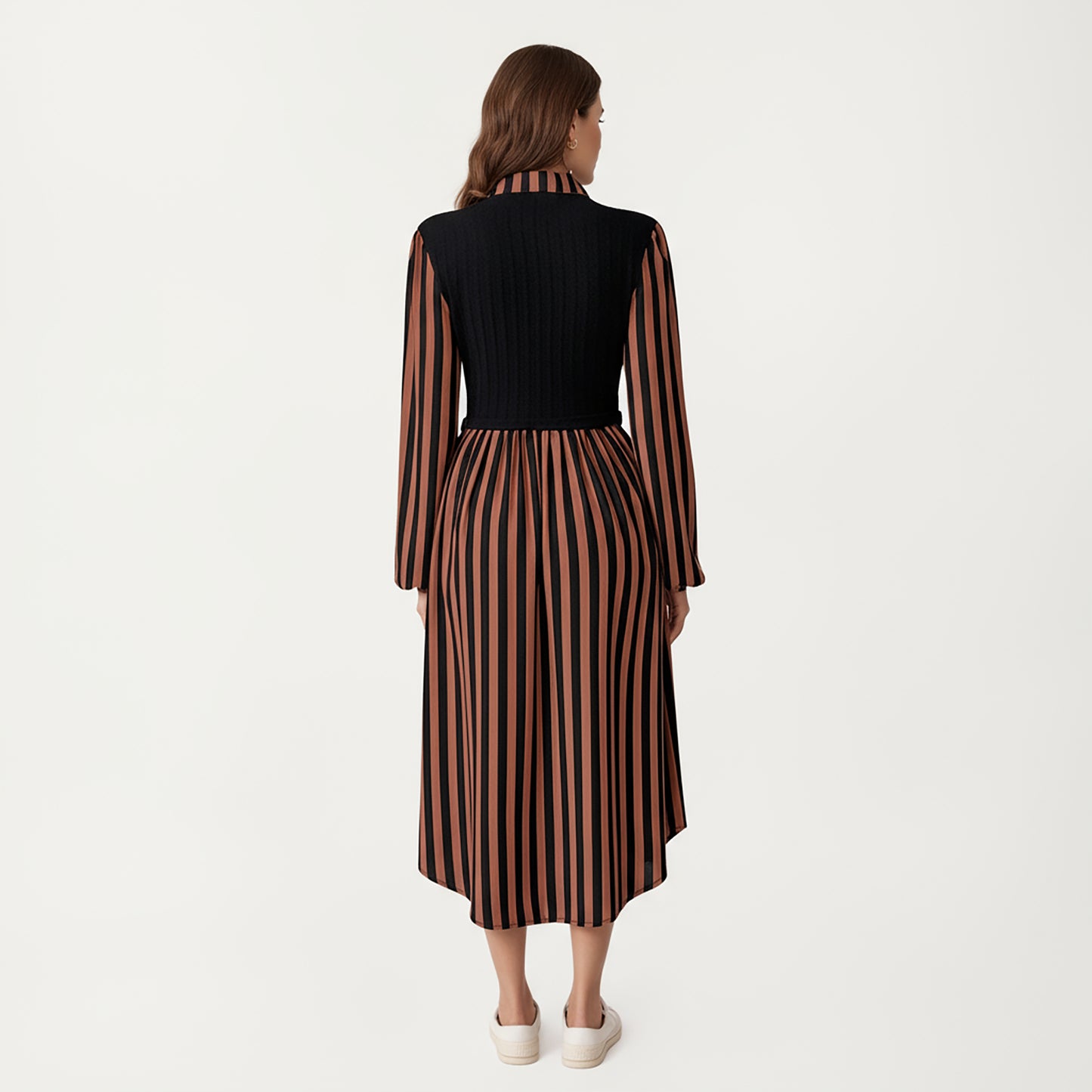 Long Sleeve Striped Button-Front Midi Dress with Knit Vest Overlay and Collared Neckline
