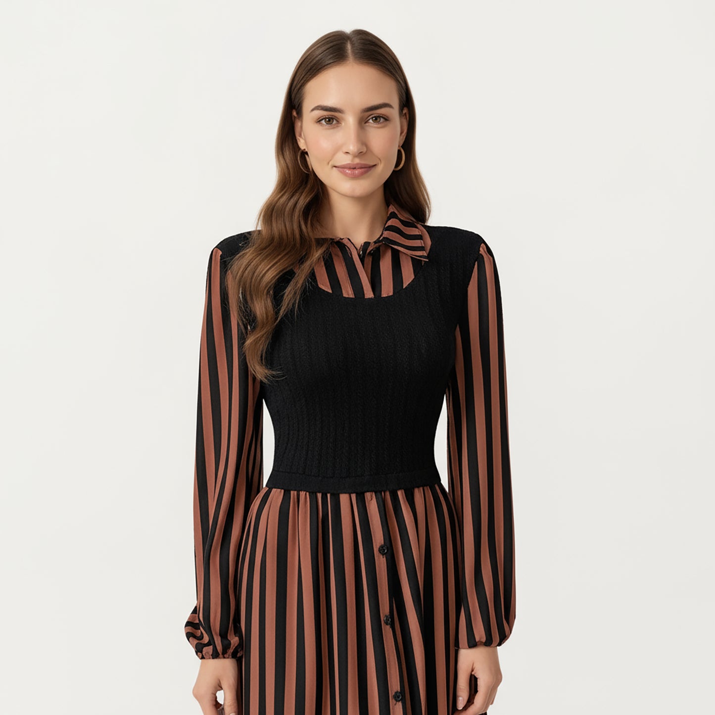 Long Sleeve Striped Button-Front Midi Dress with Knit Vest Overlay and Collared Neckline