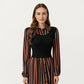 Long Sleeve Striped Button-Front Midi Dress with Knit Vest Overlay and Collared Neckline