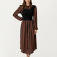 Long Sleeve Striped Button-Front Midi Dress with Knit Vest Overlay and Collared Neckline