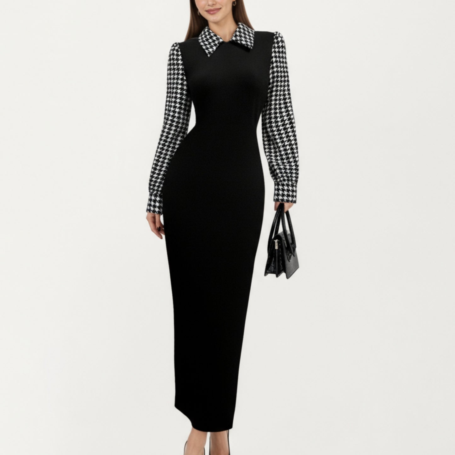 Long Sleeve Houndstooth Collar Maxi Dress with Fitted Silhouette and Contrast Design