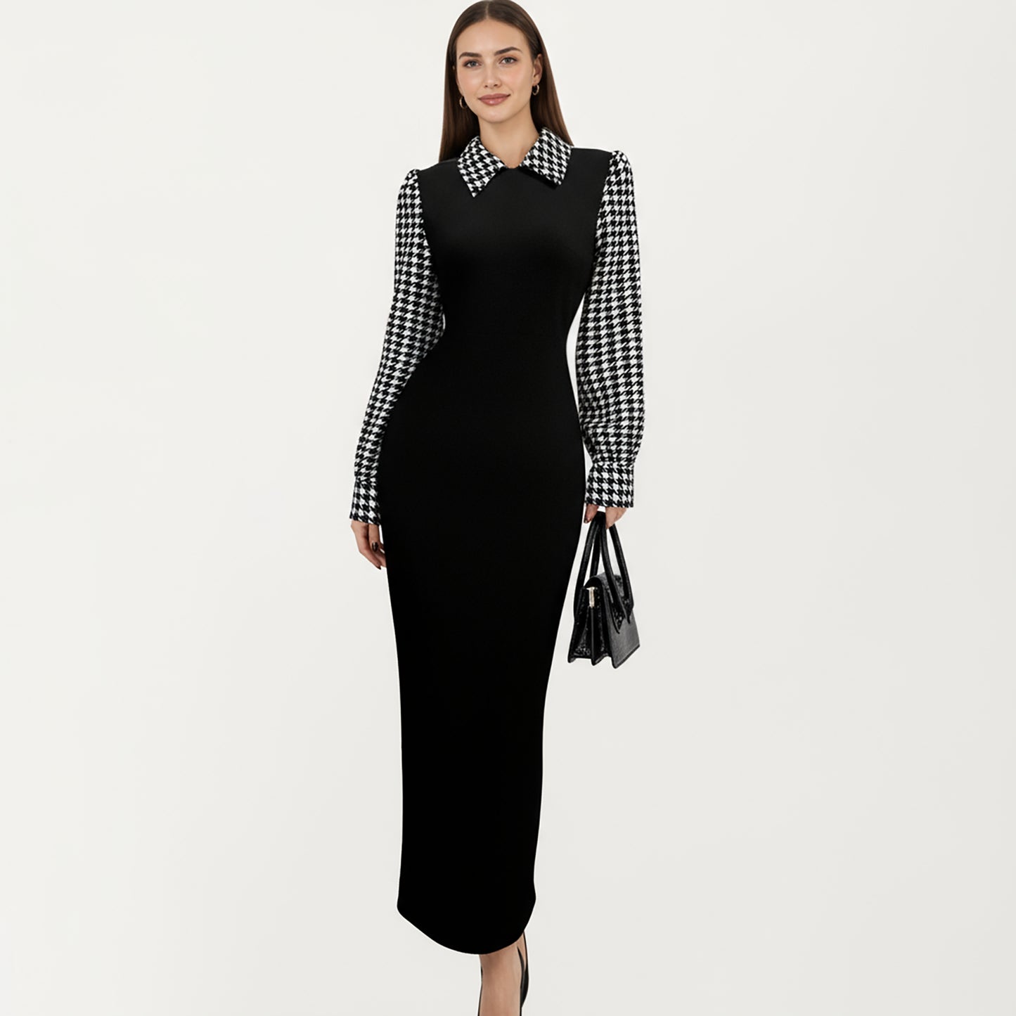 Long Sleeve Houndstooth Collar Maxi Dress with Fitted Silhouette and Contrast Design