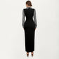 Long Sleeve Houndstooth Collar Maxi Dress with Fitted Silhouette and Contrast Design