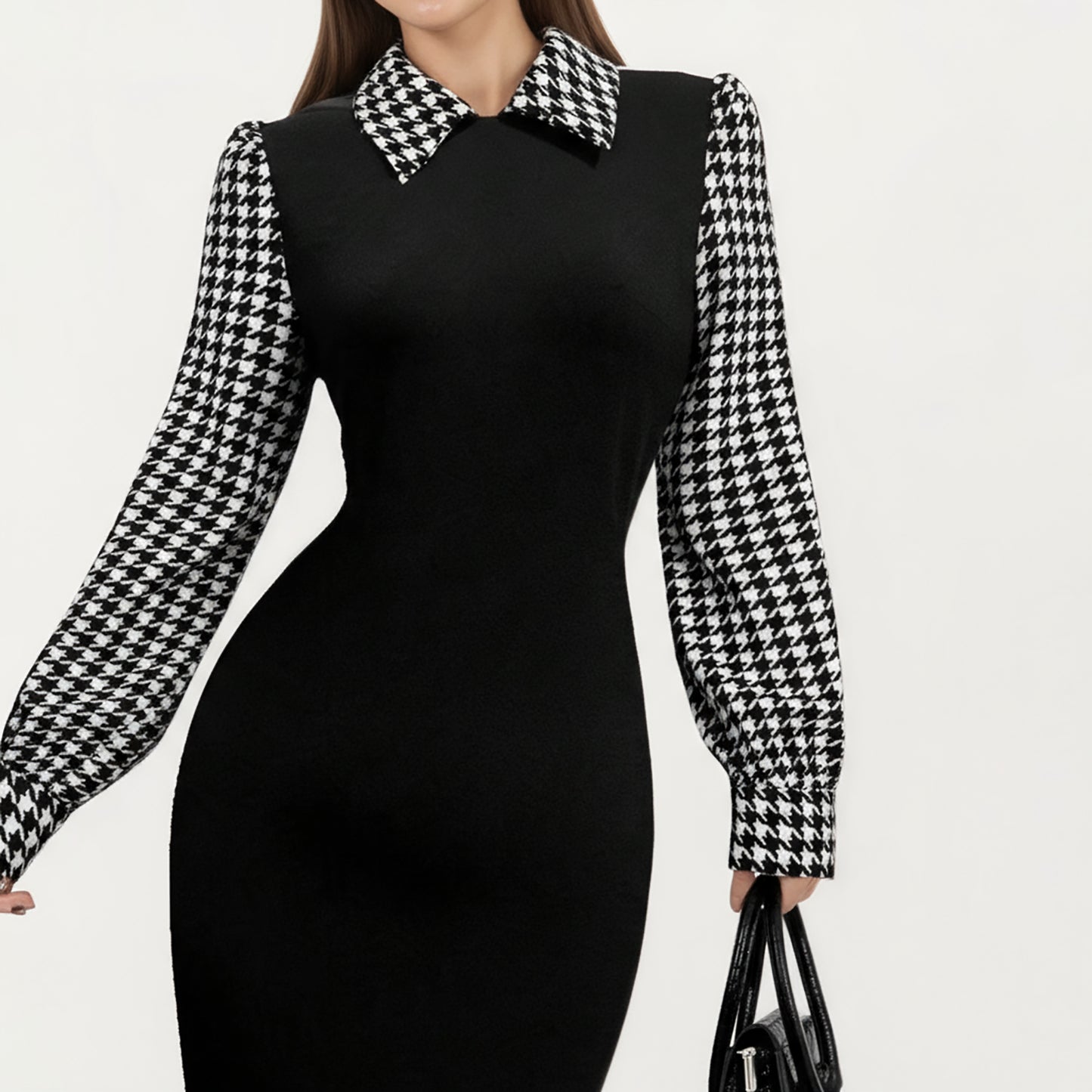 Long Sleeve Houndstooth Collar Maxi Dress with Fitted Silhouette and Contrast Design