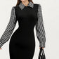 Long Sleeve Houndstooth Collar Maxi Dress with Fitted Silhouette and Contrast Design