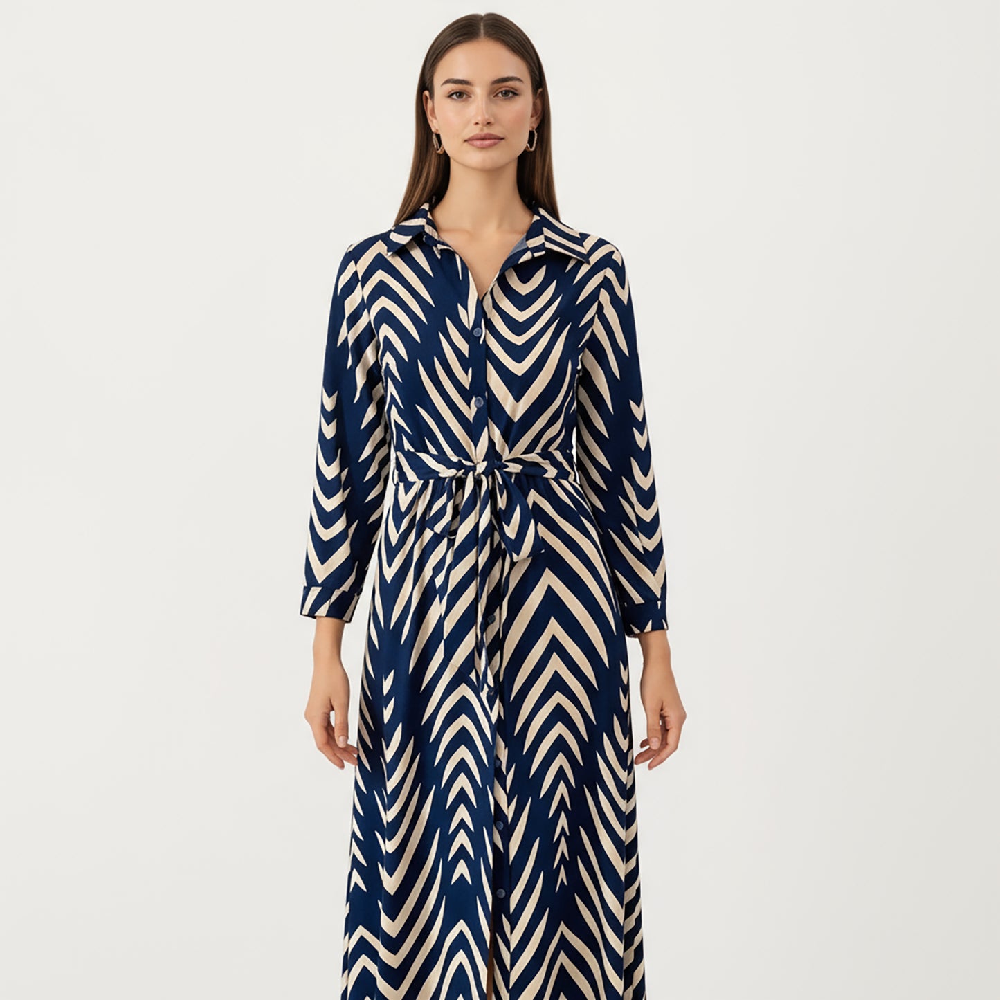 Long Sleeve Button-Up Maxi Shirt Dress with Geometric Chevron Print and Waist Tie