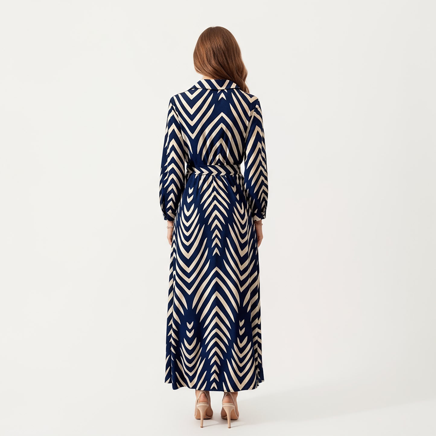 Long Sleeve Button-Up Maxi Shirt Dress with Geometric Chevron Print and Waist Tie