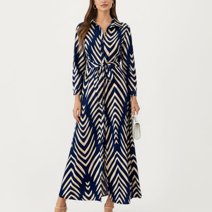 Long Sleeve Button-Up Maxi Shirt Dress with Geometric Chevron Print and Waist Tie