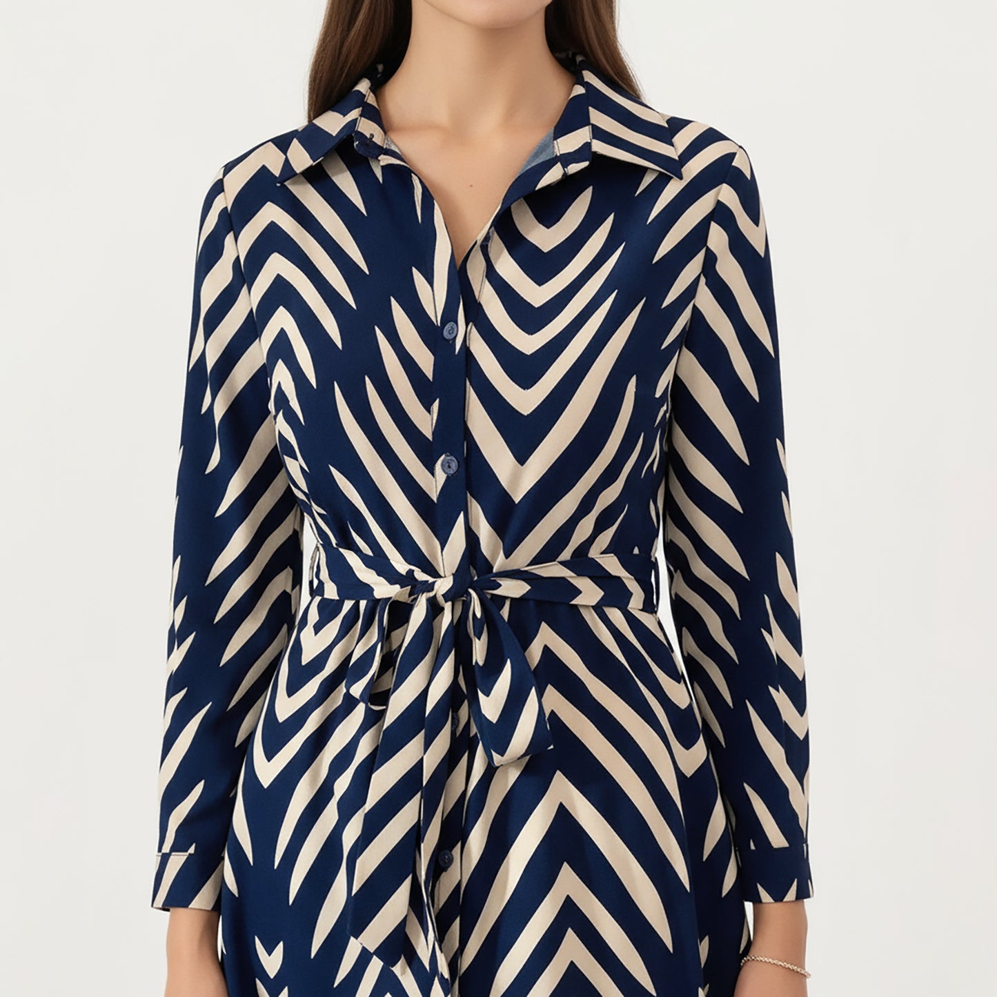 Long Sleeve Button-Up Maxi Shirt Dress with Geometric Chevron Print and Waist Tie