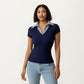 Short Sleeve Knit Top with Striped Collar Insert and V-Neckline
