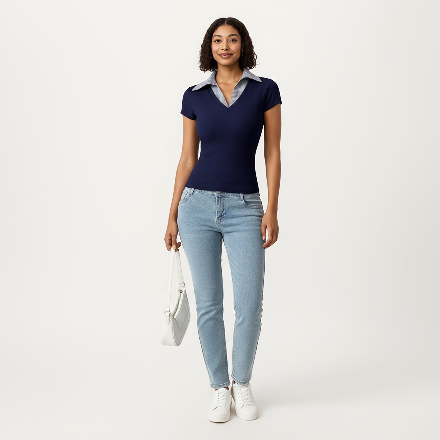 Short Sleeve Knit Top with Striped Collar Insert and V-Neckline