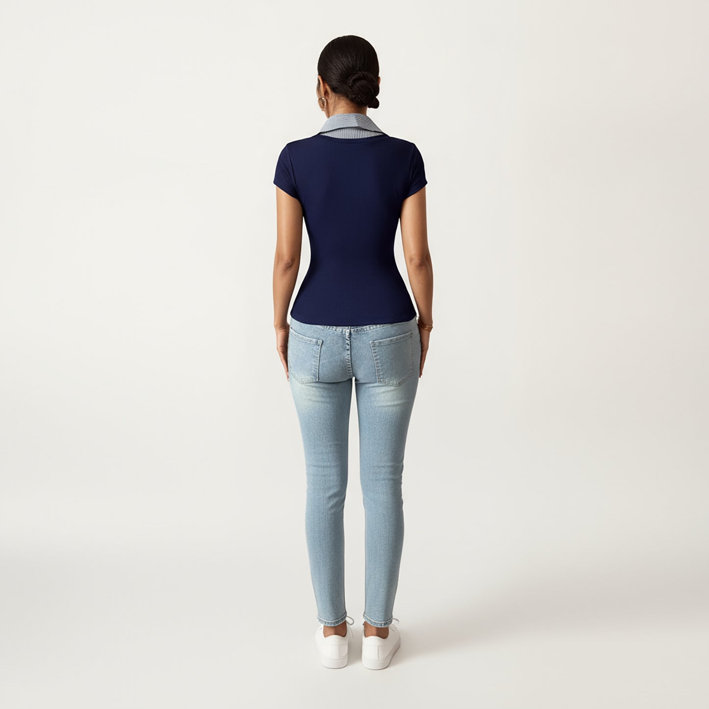 Short Sleeve Knit Top with Striped Collar Insert and V-Neckline