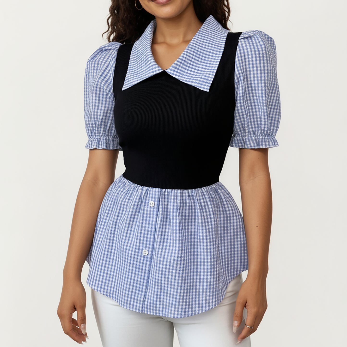 Puff Sleeve Gingham Peplum Blouse with Knit Bodice and Wide Collar