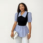 Puff Sleeve Gingham Peplum Blouse with Knit Bodice and Wide Collar