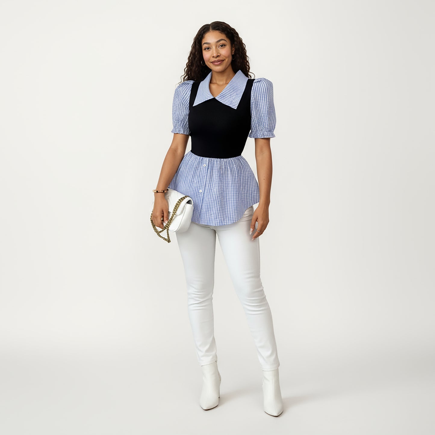 Puff Sleeve Gingham Peplum Blouse with Knit Bodice and Wide Collar