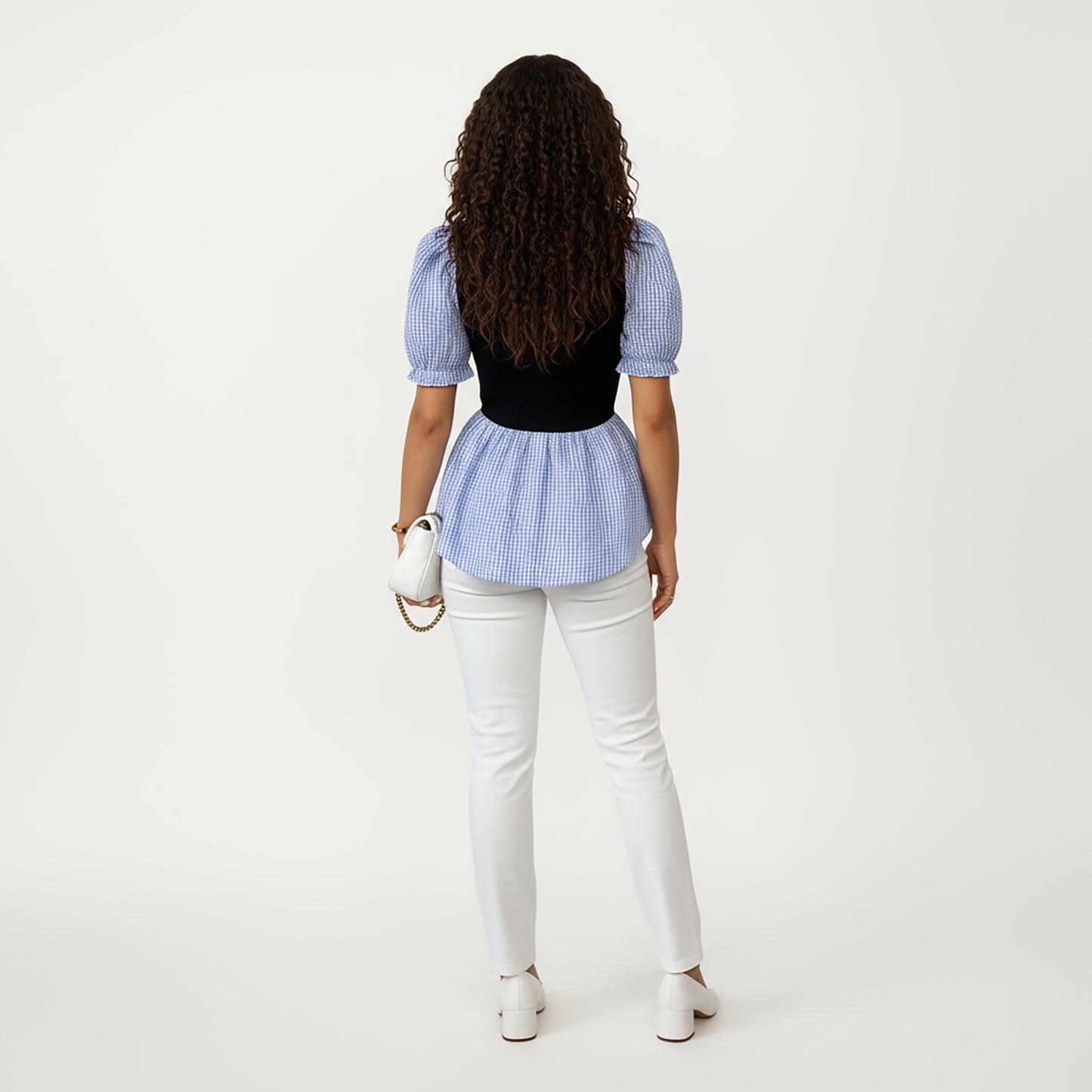 Puff Sleeve Gingham Peplum Blouse with Knit Bodice and Wide Collar