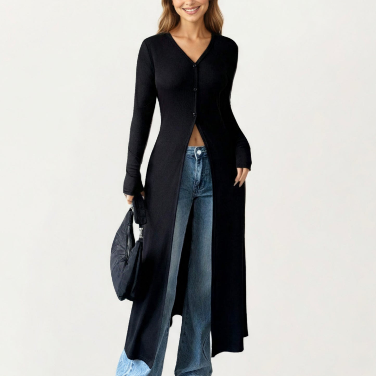 Long Sleeve Maxi Cardigan with Button Front and Deep Side Slit
