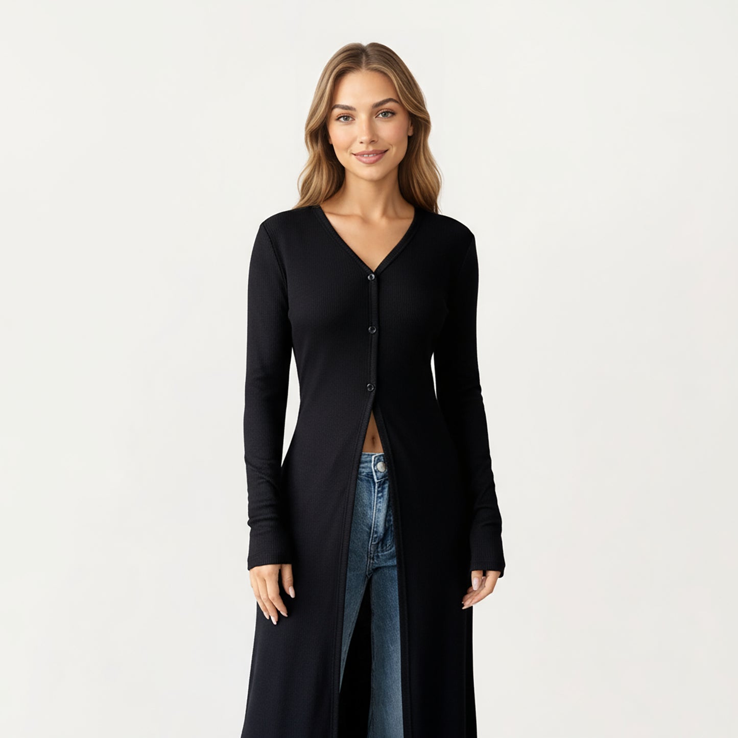 Long Sleeve Maxi Cardigan with Button Front and Deep Side Slit