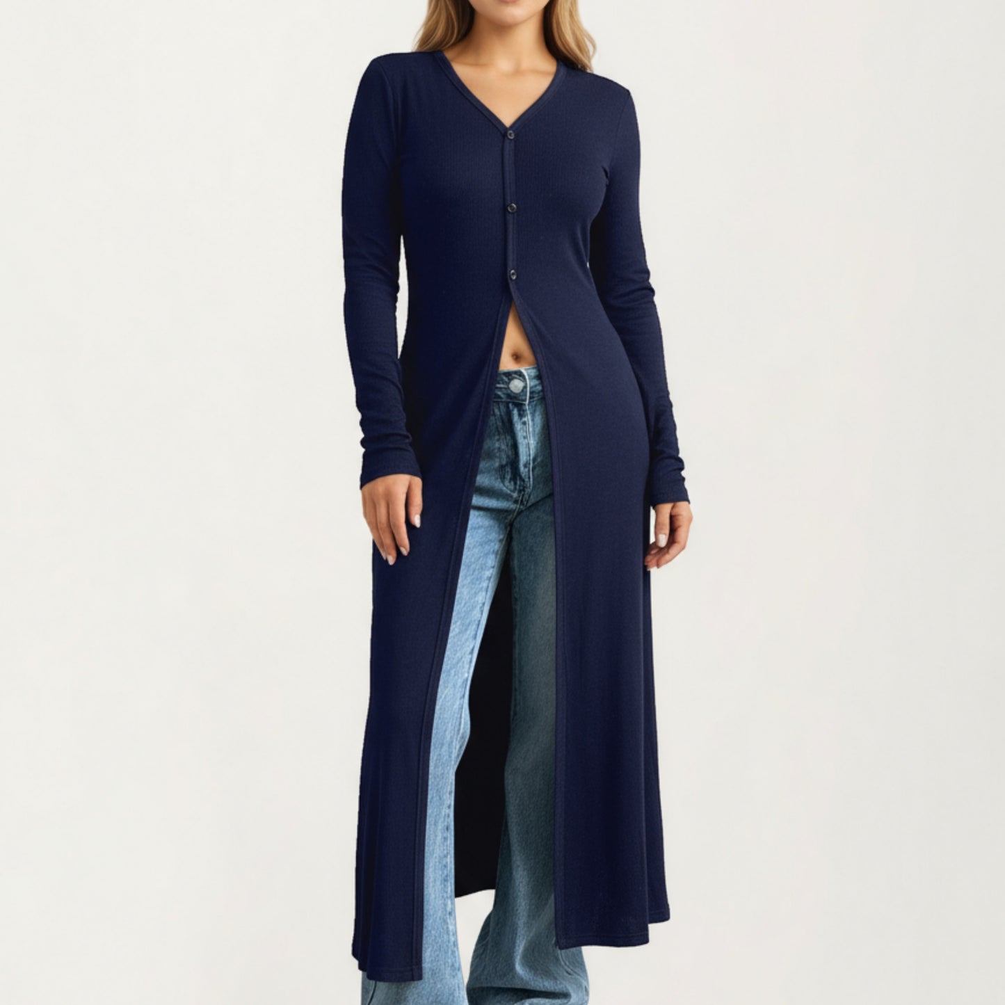 Long Sleeve Maxi Cardigan with Button Front and Deep Side Slit