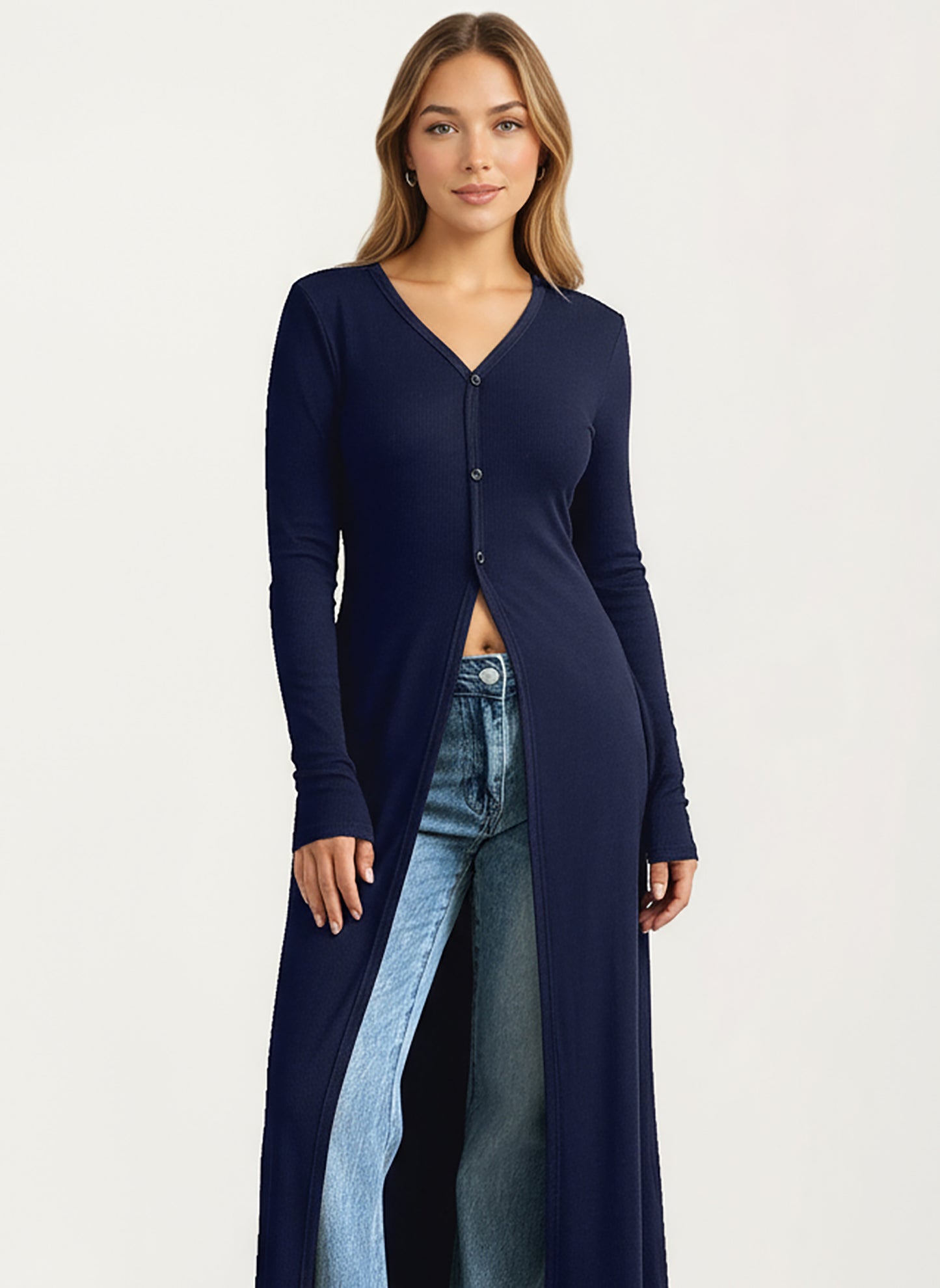 Long Sleeve Maxi Cardigan with Button Front and Deep Side Slit