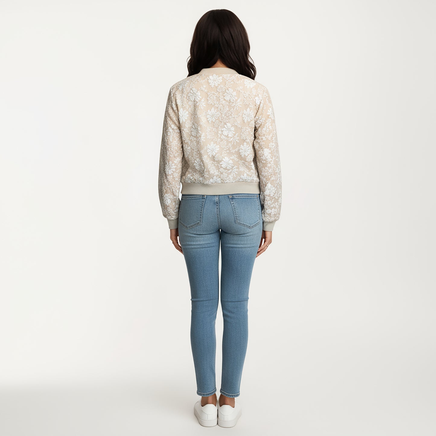 Sheer Floral Lace Bomber Jacket with Ribbed Trim and Front Zip Closure