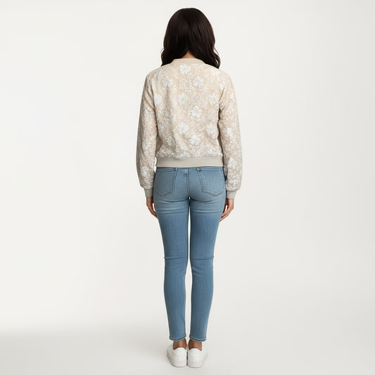 Sheer Floral Lace Bomber Jacket with Ribbed Trim and Front Zip Closure