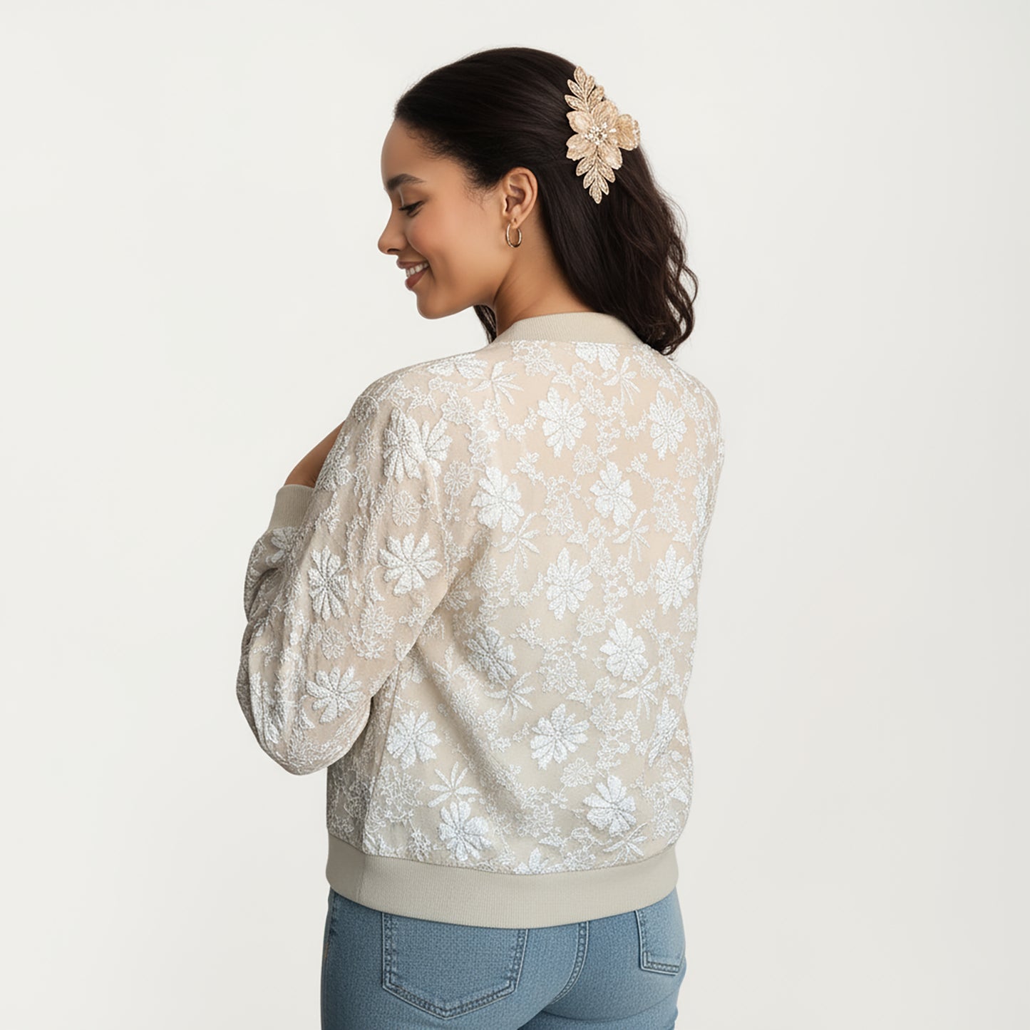 Sheer Floral Lace Bomber Jacket with Ribbed Trim and Front Zip Closure
