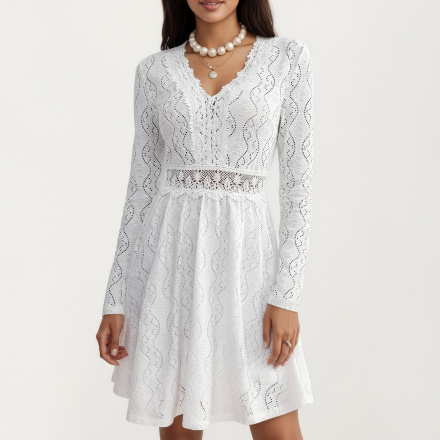 Long Sleeve Lace Mini Dress with V-Neckline and Sheer Waist Detail