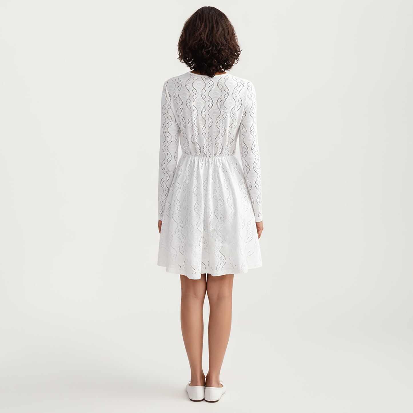 Long Sleeve Lace Mini Dress with V-Neckline and Sheer Waist Detail