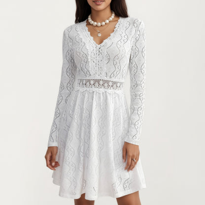 Long Sleeve Lace Mini Dress with V-Neckline and Sheer Waist Detail