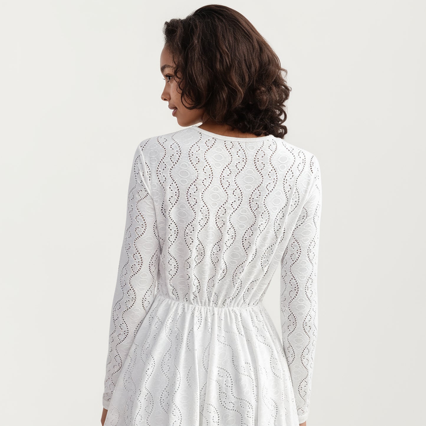 Long Sleeve Lace Mini Dress with V-Neckline and Sheer Waist Detail