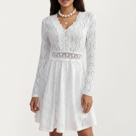 Long Sleeve Lace Mini Dress with V-Neckline and Sheer Waist Detail