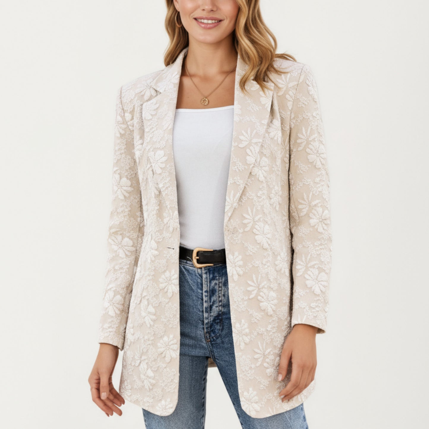 Floral Textured Longline Blazer with Notched Lapel and Open Front