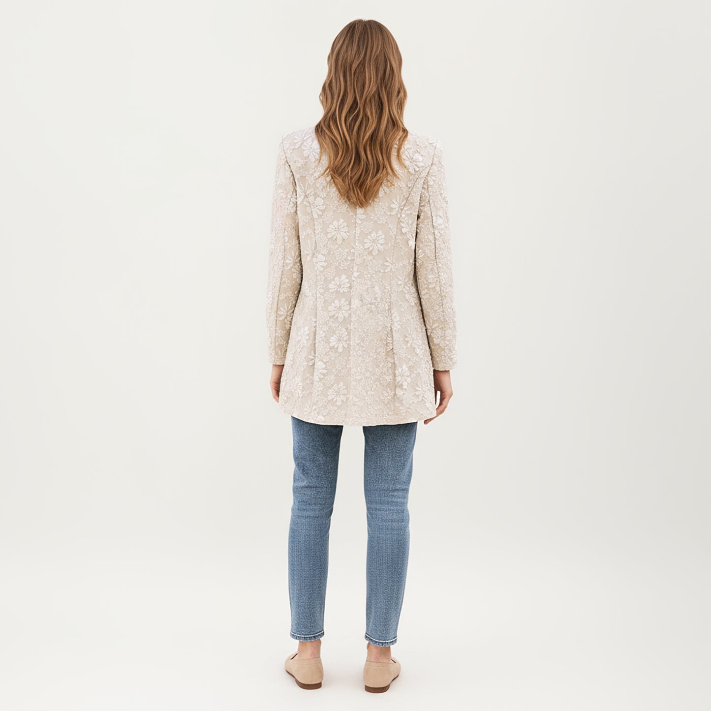 Floral Textured Longline Blazer with Notched Lapel and Open Front