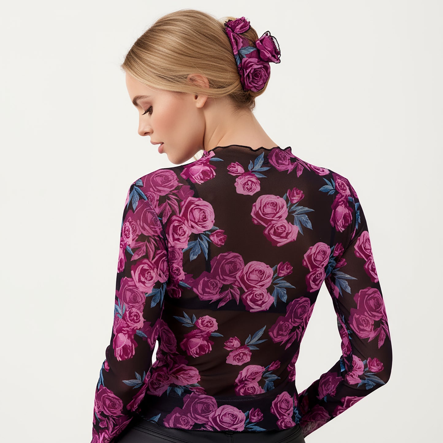 Sheer Long Sleeve Mesh Top with Rose Floral Print and Mock Neck