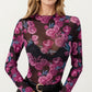 Sheer Long Sleeve Mesh Top with Rose Floral Print and Mock Neck