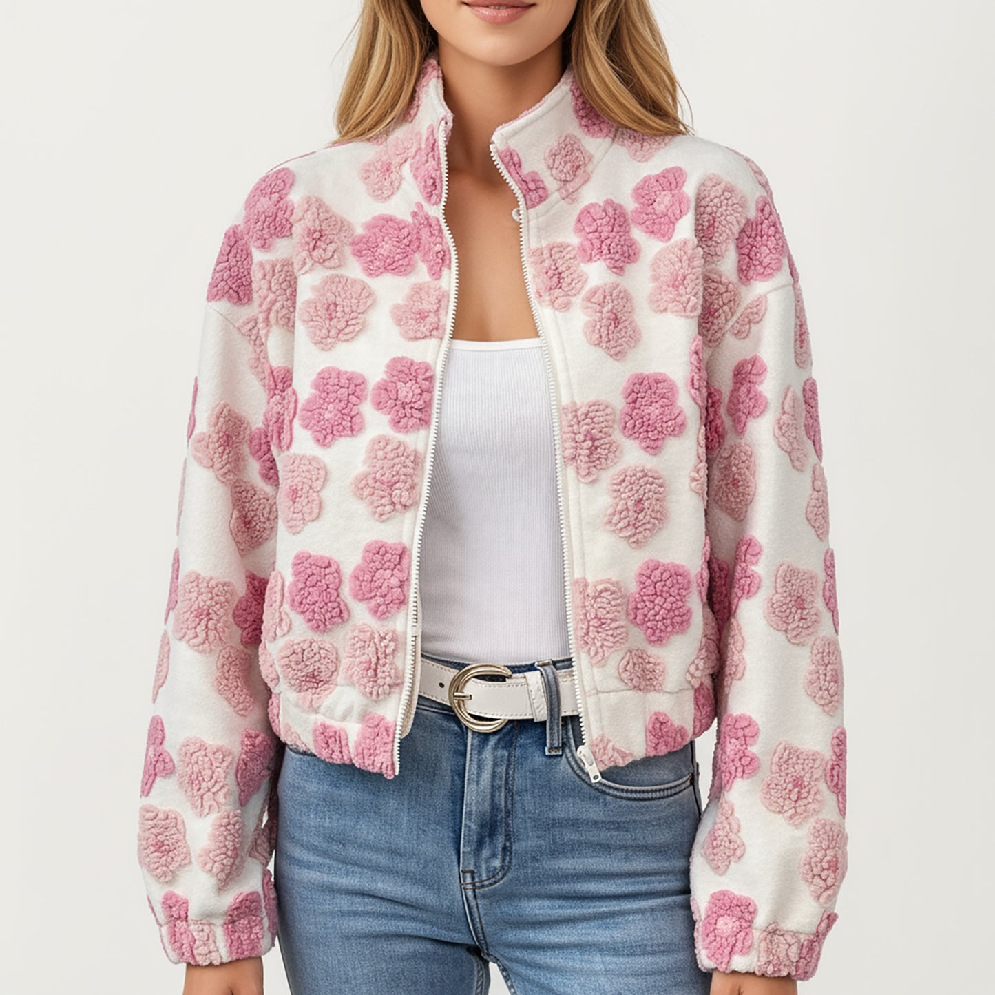 Zip-Up Jacket with 3D Floral Pattern and Elastic Hem