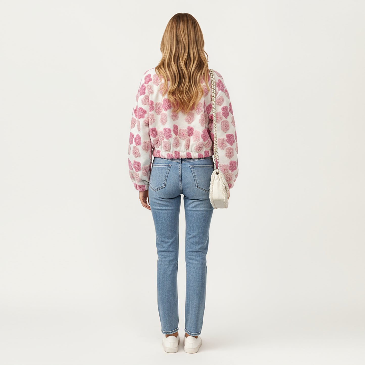 Zip-Up Jacket with 3D Floral Pattern and Elastic Hem